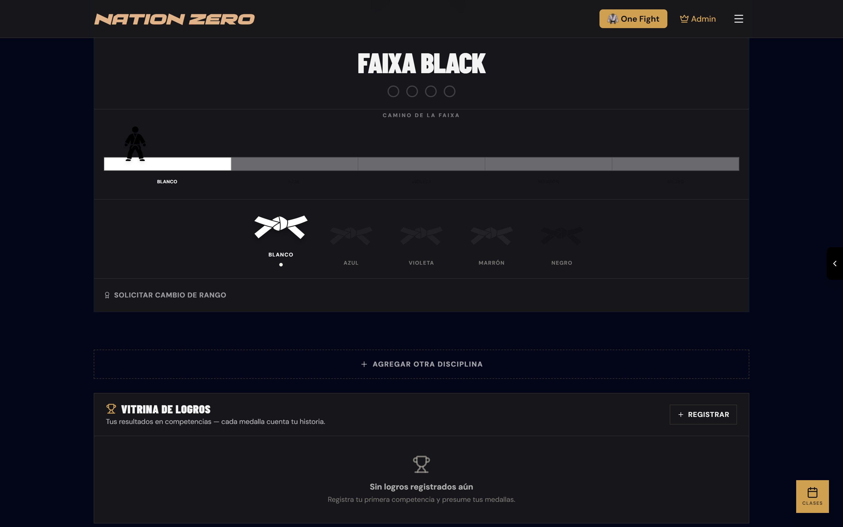 Perfil de un alumno de jiu-jitsu en Nation Zero con su faixa, sus graus y sus clases acumuladas.